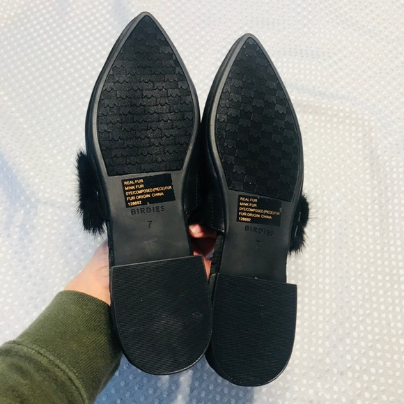 Birdies Dove Satin Pointy Toe Faux Fur Mules - Picture 7 of 7